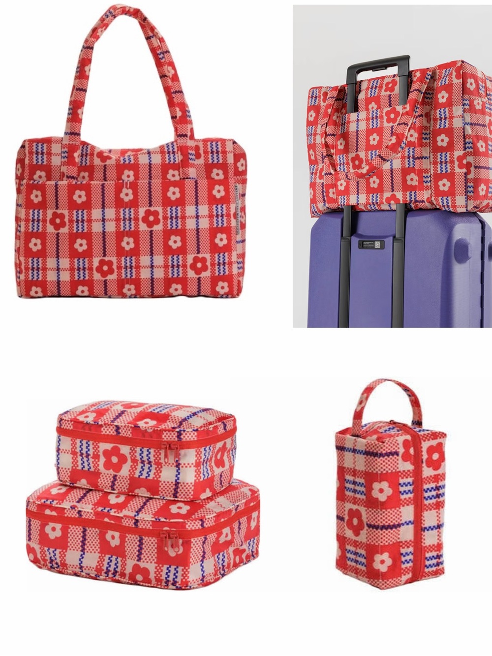 Red Floral Plaid Travel Tote Bag by